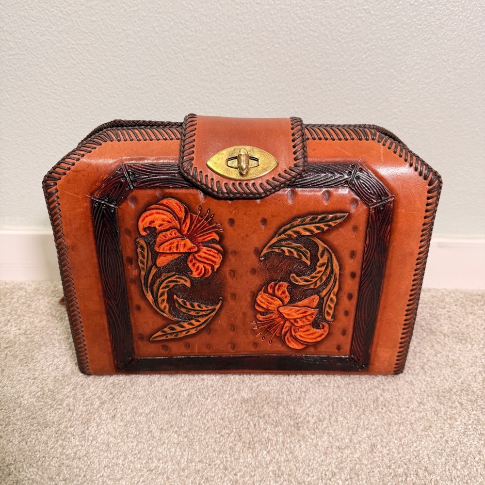 Vintage Hand Tooled Leather Floral Shoulder Bag Whipstitch Western Boho 12"
